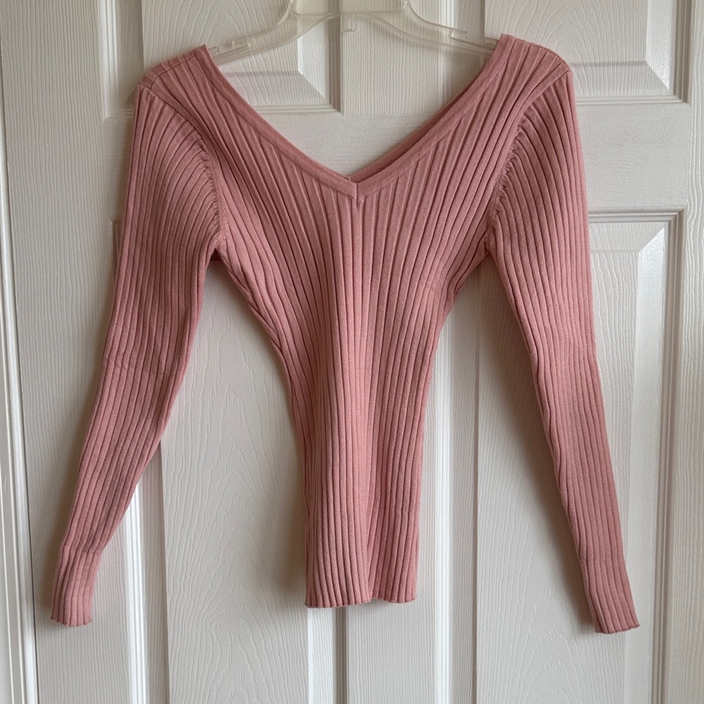 Pink Ribbed V-Neck Sweater